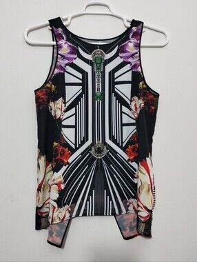 Clover Canyon Black Geometric Floral Sleeveless Tank with Jewel Motif Women's L